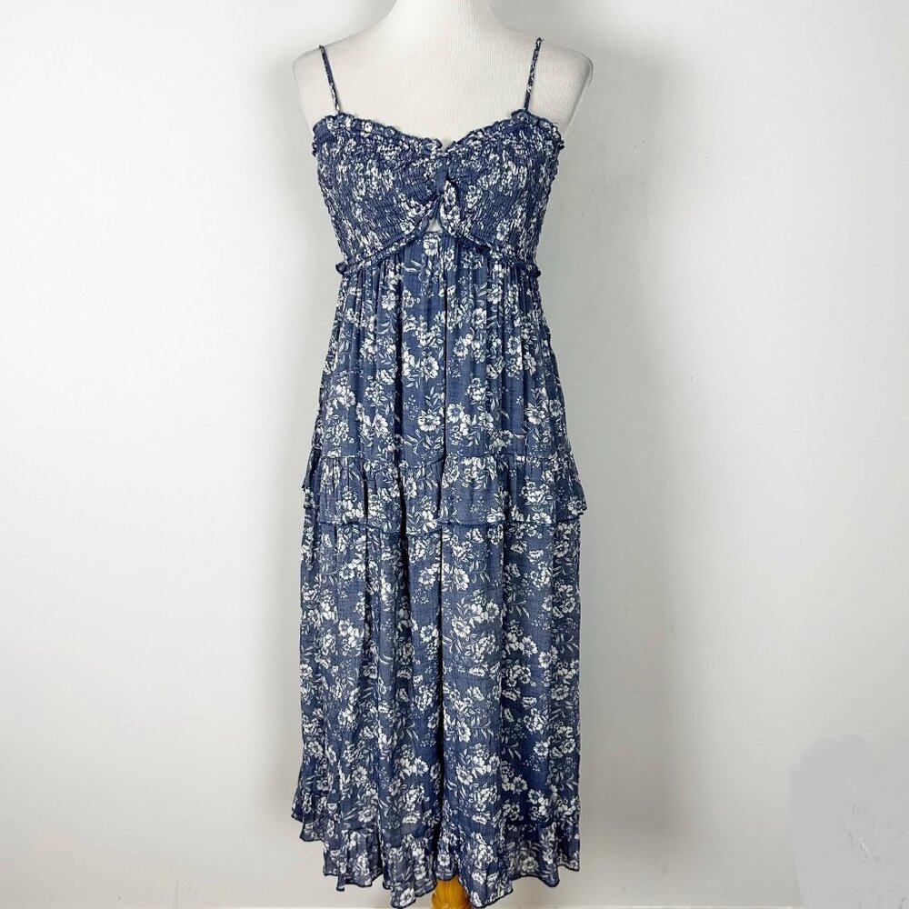 Women's Blue Floral Tiered Midi Dress Sundress Cottagecore Size XL